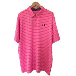 NWT Under Armour The Playoff Polo Mens XXL Pink Striped Loose UPF40 Golf Outdoor
